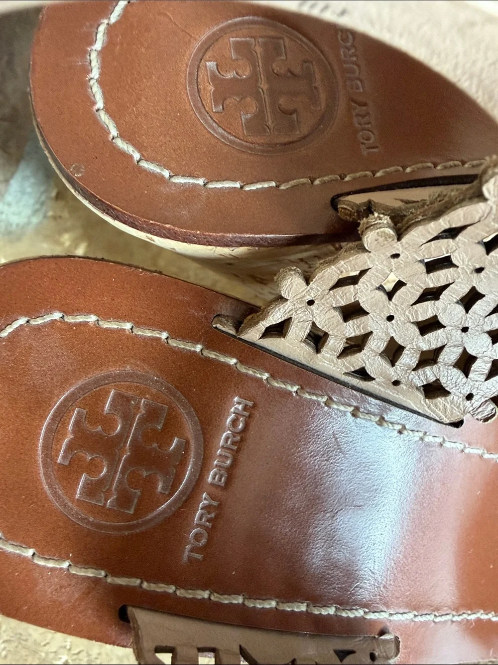 Tory Burch Tan Leather with Laser-Cut outs and Cork Wedge Sandals sz 9.5